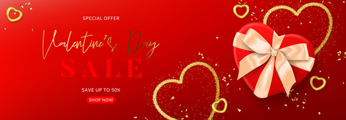 Obraz na płótnie Canvas Valentine's Day sale horizontal banner. Vector illustration with realistic gift box, candles, gold hearts and confetti on red background. Promo discount banner.