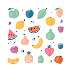 Cartoon Doodle Cute Fruits and Berries with abstract pattern. Vector Colorful Food Set. Fruit icons.