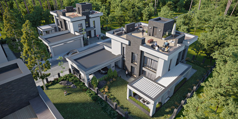Aerial view of a townhouse village / gated community with a roof terrace, 3d rendering - obrazy, fototapety, plakaty