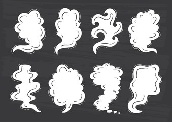 Steam Clouds Silhouette Vector Set. Hand drawn Doodle Sketch Smoke, Clouds, Fog or Steam. Black and White Drawing 