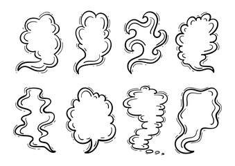 Steam Clouds Silhouette Vector Set. Hand drawn Doodle Sketch Smoke, Clouds, Fog or Steam. Black and White Drawing 