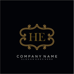  Initial letter HE logo luxury vector mark, gold color elegant classical 