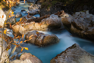 Obraz premium Beautiful mountain torrent with silky water effect at the famous Hintersee, Ramsau, Berchtesgaden, Bavaria, Germany