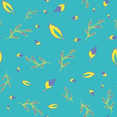 Vector psychedelic folk seamless pattern with colorful flowers and leaves, yellow, purple and turquoise background