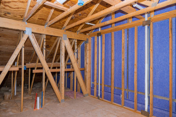 Interior view construction wall of an apartment attic of new frame new house residential