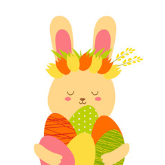 illustration of an easter brown bunny with a wreath of tulips on his head and with easter eggs in his hands. Easter holiday. for design, cards, flyers