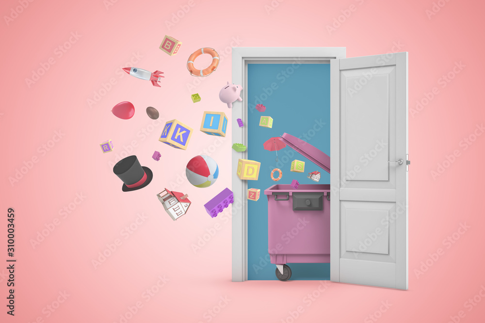 Poster 3d rendering of a white open doorway with random objects flying out of pink trash bin on light pink 