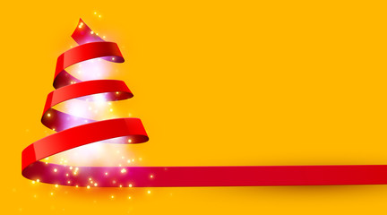 Christmas tree made of red ribbon. New year and christmas greeting card or party invitation.