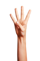 Fototapeta premium Woman with white skin shows hand with sign