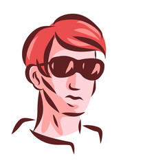 Portrait of a modern young man. There are dark sunglasses on the face. Vector isolated illustration about sport and tourism.