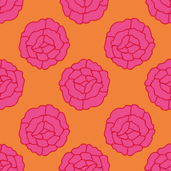 Vector psychedelic folk seamless pattern with colorful ethnic rose flowers and leaves, pink and orange background.