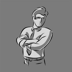 Sad office worker man in a tie stands with his arms crossed on his chest. Vector monochrome illustration.