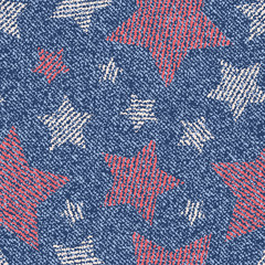 Jeans background with Red stars. Denim seamless pattern. Blue jeans cloth.