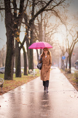 Woman walking on the city on a rainy day