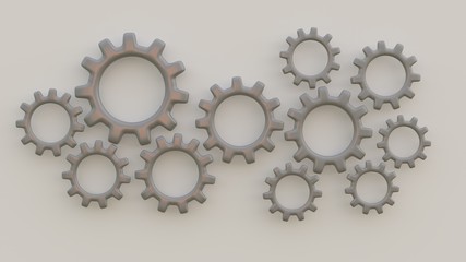 The same color gears are connected together. Working together as a team