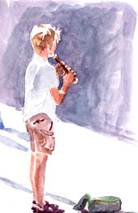 boy playing flute in a ray of sunlight watercolor