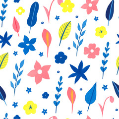 Abstract hand drawn watercolor, gouache flowers, leaves seamless patter on white background. Textile pattern in trendy colors. Perfect for covers, fabric, print. Modern blue, coral, yellow, pincolors.