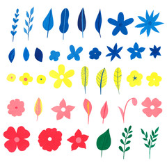 Set of hand drawn abstract floral elements for design. Modern blue, pink, yellow leaves and flowers isolated on white background. Watercolor, gouache hand drawn collection.