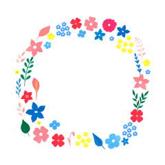Modern hand drawn floral wreath isolated on white background. Copy space. Perfect  watercolor, gouache wreath for design greeting card, birthday invitation, spring hollidays. Blue, pink colors.