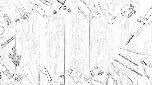Monochrome sketch logo intro animation of repair tools on a wooden table top view. Theme for company branding. Concept of brand promotion for the provision of repair services, locksmith or woodworker.