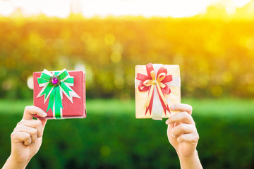 Woman hand hold a golden and red gift box tied with green and red ribbon for give in the public park, present for Christmas and new year and valentine day or Important occasions concept.