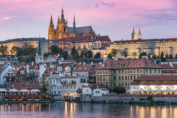 Prague Castle in Prague, Czech Republic and built in the 9th century. Panoramic view of the castle that includes St.Vitus's Cathedral