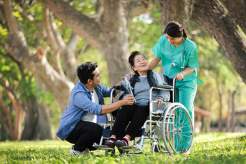 Asian senior woman sitting on the wheelchair with her son  happy smile face on the green park - 310010066