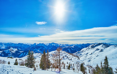 The sunny midday on Feuerkogel Mountain plateau, Ebensee, Salzkammergut, Austria