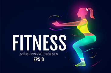 Fitness girl. Sport and ads logo shining design. Trendy character.