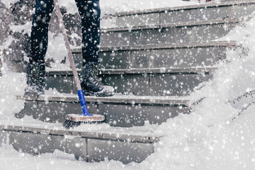 Snow removal from the stairs to the house after snowfallsll