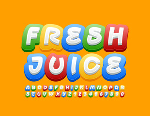Vector colorful Sign Fresh Juice. Funny bright Font. Original Alphabet Letters and Numbers.