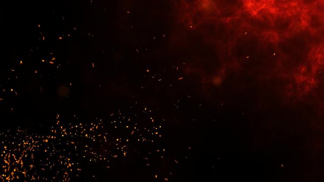 Beautiful abstract seamless loopable background. Burning red sparks rise from fire. Orange glowing flying particles over black and red lava background. fire particles background loop.