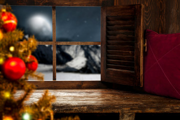Window winter sill of free space and xmas time.Red pillows and board of free space 