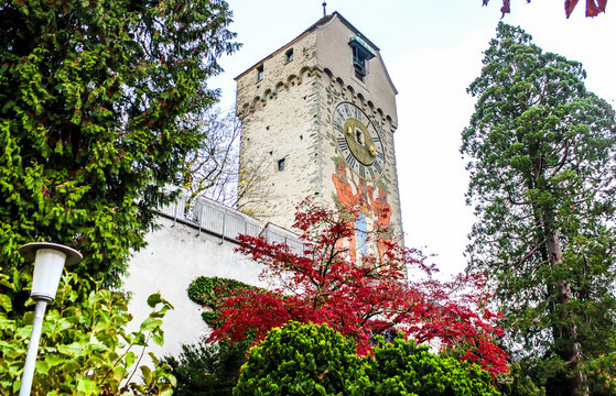 Zytturm tower. Part of the medieval walls of Lucerne, called Museggmauer or Stadtmauer. Switzerland.
