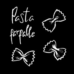 Italian pasta farfalle white chalk vector illustration on black background. Simple food recipe. Restaurant menu course