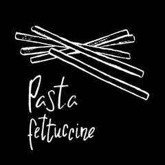 Italian pasta Fettuccine white chalk vector illustration on black background. Simple food recipe. Restaurant menu course