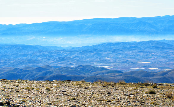Panoramic view of Calar Alto Observatory at the snowy mountain top in Almeria, Andalusia, Spain, 2019.