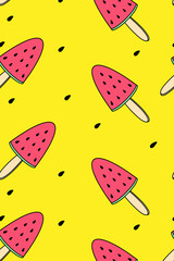 Red Watermelons Ice Cream yellow background. Seamless pattern illustration summer sliced melon. Raster abstract page for design natural products, food shop, supermarket, ecology concepts print, health