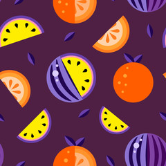 Orange Watermelons violet yellow background. Seamless pattern melon set wallpaper. Good for kids t shirt print. Hand drawn graphic symbol backdrop. Decoration summer fruit texture illustration