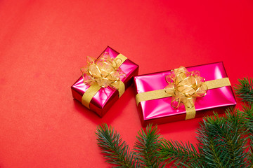 Christmas background concept. Top view of Christmas gift box gold balls with spruce branches