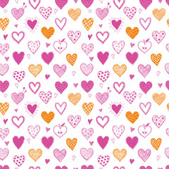 Seamless background with colored doodle sketch hearts. Can be used for wallpaper, pattern fills, textile, web page background, surface textures.