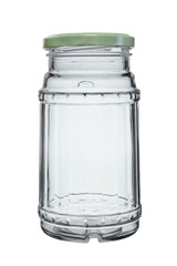 An empty glass jar with a metal lid. Isolated on white background