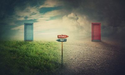 Split surreal landscape shows environmental and climate change with a signpost in the middle leading to the past and future doors. Global warming concept, planet destruction, humanity choice.
