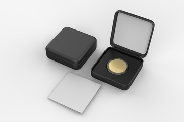 Blank proof coin in plastic case and paper box. 3d render illustration.