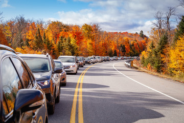 Traffic comes to a standstill as hordes of city dwellers getaway for a long weekend to see the fall colours - obrazy, fototapety, plakaty