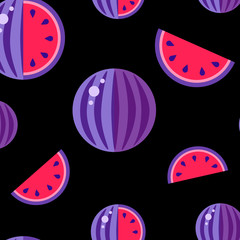 Warermelon Seamless pattern black background. August 3 International watermelon day poster print. Red violet sliced, seeds. Fresh farm market celebration kids design. Doodle style Raster illustration.