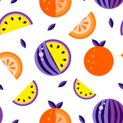 Watermelons Violet yellow Orange white background. Seamless pattern melon set wallpaper Raster. Good for t shirt print. Hand drawn graphic symbol backdrop. Decoration summer fruit texture illustration