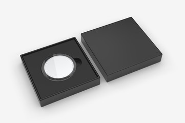 Blank proof coin in plastic case and paper box. 3d render illustration.