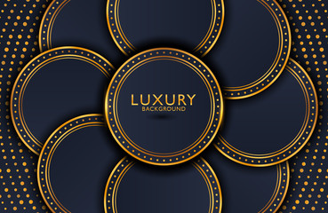 Luxury elegant background with shiny gold circle element and dots particle on dark black metal surface. Business presentation layout