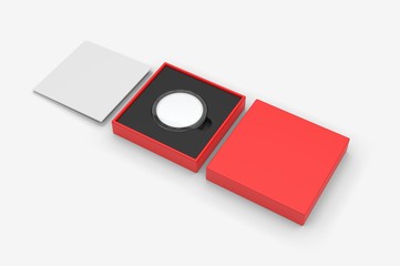 Blank proof coin in plastic case and paper box. 3d render illustration.